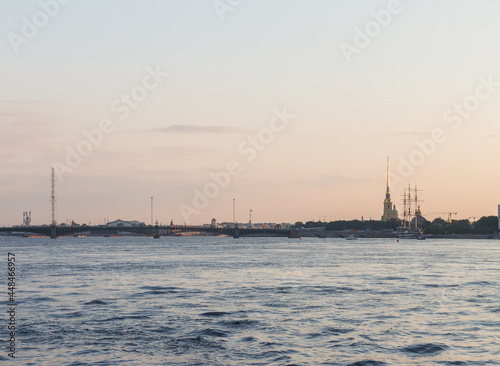 St. Petersburg, Russia. Evening panorama of Neva river. Peter and Paul Fortress in background.