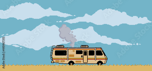 Pixel art background with desert trailer and cloudy sky scene for 8bit game

