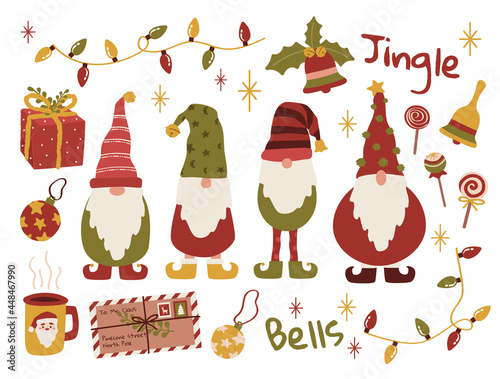 Merry Christmas gnomes, elves sticker set for greeting cards and backgrounds