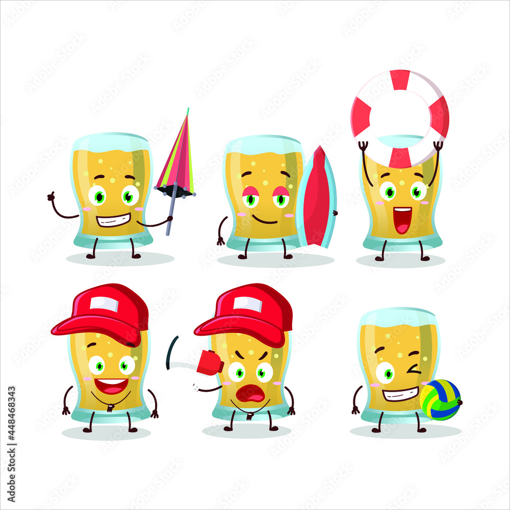 Happy Face glass of cider cartoon character playing on a beach. Vector illustration Happy Face glass of cider cartoon character playing on a beach. Vector illustration
