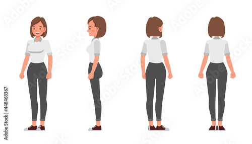 Businesswoman working in office character vector design. Presentation in various action.