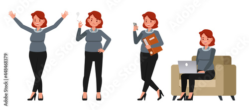 Businesswoman working in office character vector design. Presentation in various action.