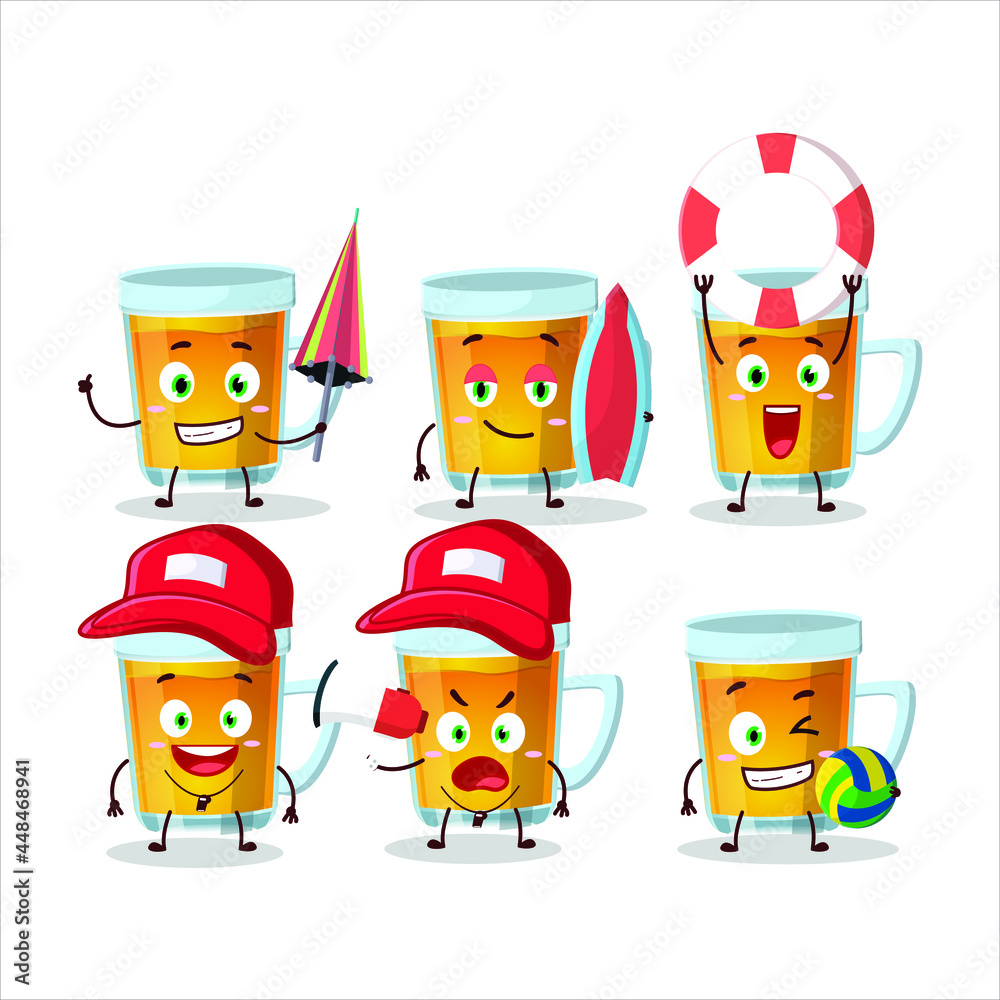 Happy Face glass of tea cartoon character playing on a beach. Vector illustration Happy Face glass of tea cartoon character playing on a beach. Vector illustration