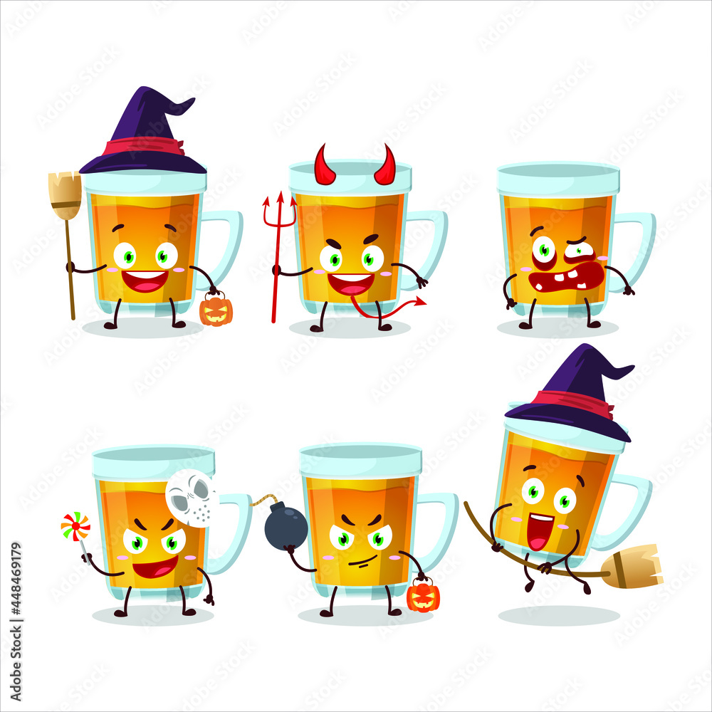 Halloween expression emoticons with cartoon character of glass of tea. Vector illustration