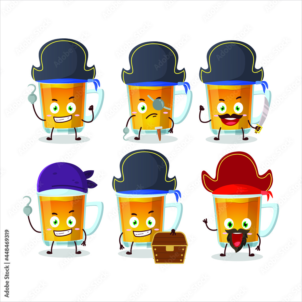 Cartoon character of glass of tea with various pirates emoticons. Vector illustration Cartoon character of glass of tea with various pirates emoticons. Vector illustration