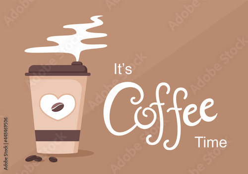 Coffee Cup Background Vector Flat Illustration With Cacao Beans, Grains and Jug. Suitable For Cold Or Hot Drinks
