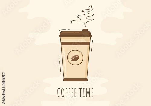 Coffee Cup Background Vector Flat Illustration With Cacao Beans, Grains and Jug. Suitable For Cold Or Hot Drinks
