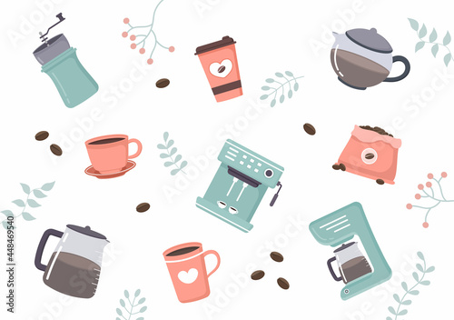 Coffee Cup Background Vector Flat Illustration With Cacao Beans, Grains and Jug. Suitable For Cold Or Hot Drinks
