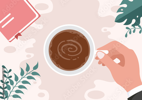 Coffee Cup Background Vector Flat Illustration With Cacao Beans, Grains and Jug. Suitable For Cold Or Hot Drinks