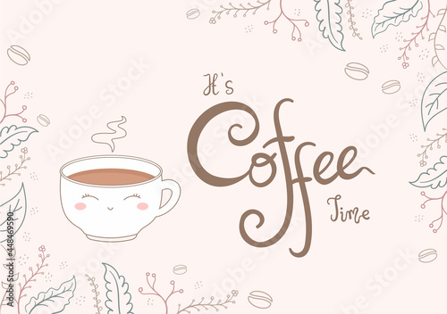 Coffee Cup Background Vector Flat Illustration With Cacao Beans, Grains and Jug. Suitable For Cold Or Hot Drinks