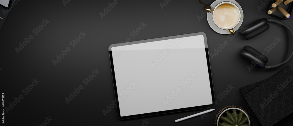 empty screen tablet mockup on black workspace