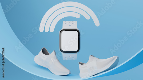 sport watch mockup with white running shoes, geometric shape in blue geometric background