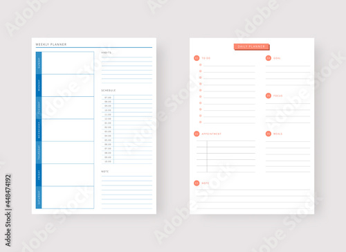 Modern planner template set. Set of planner and to do list. Daily and weekly planner template. Vector illustration.
