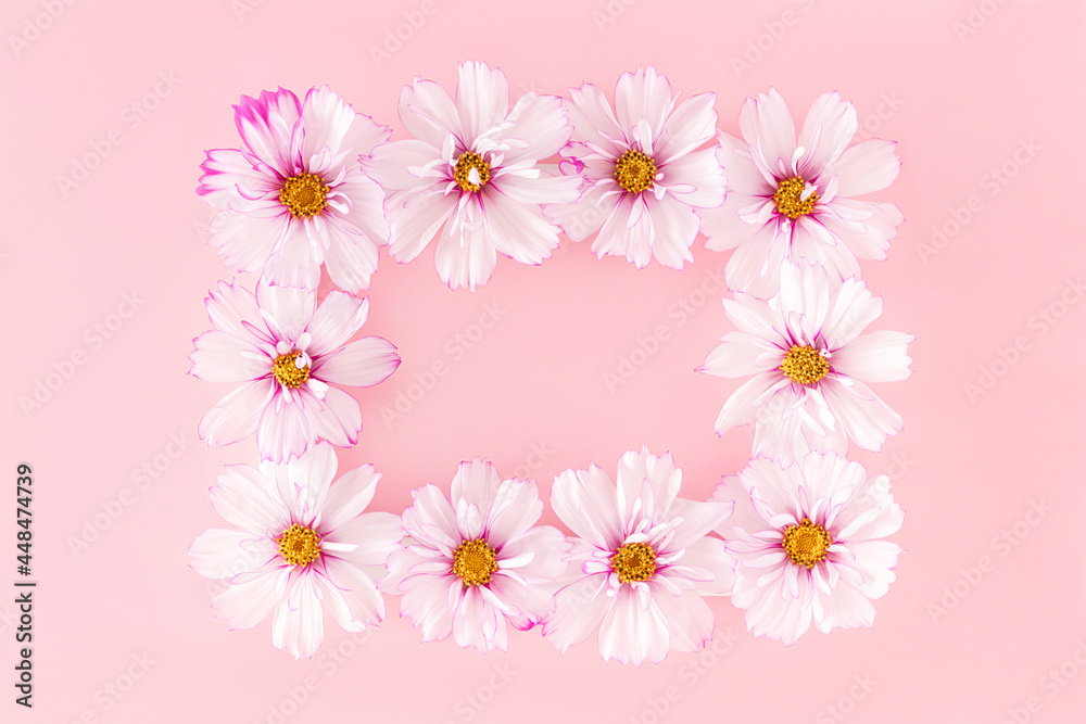 Frame made with flowers on pink background. Flat Lay Top view Copy space