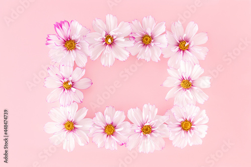 Frame made with flowers on pink background. Flat Lay Top view Copy space