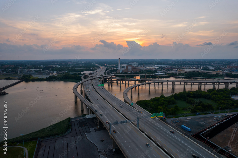 Aerial View of Crossing Highways Leading into Baltimore City at Sunset