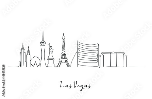 One single line drawing Las Vegas city skyline, United States. Historical landscape. Best holiday destination home wall decor poster print art. Trendy continuous line draw design vector illustration