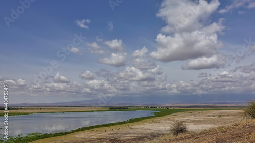 A lake in the dry African savanna. There is green vegetation on the banks. There are picturesque cumulus clouds in the blue sky. Reflection on the water surface. A summer day. Kenya. Amboseli Park
