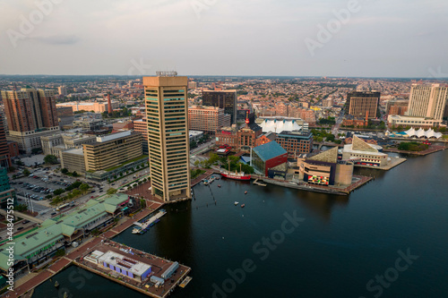 Aerial View of Baltimore City Inner Harbor at Sunset