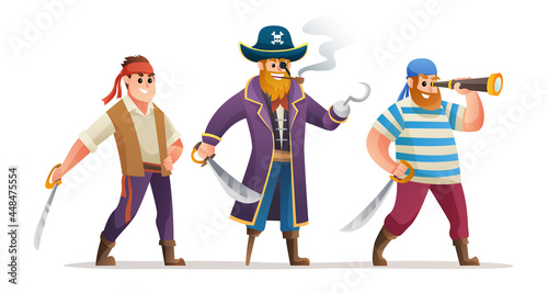 Cartoon character set of pirates captain and soldiers holding sword