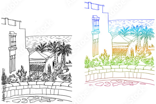 Two Beautiful Egypt landscapes with palm trees. Hand drawn line ink sketch. Seaside holiday. Colourful and black and white vector Illustrations on white background.