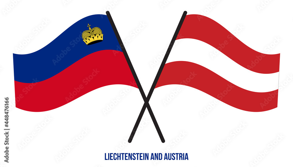 Liechtenstein and Austria Flags Crossed And Waving Flat Style. Official Proportion. Correct Colors. Liechtenstein and Austria Flags Crossed And Waving Flat Style. Official Proportion. Correct Colors.