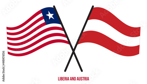 Liberia and Austria Flags Crossed And Waving Flat Style. Official Proportion. Correct Colors.