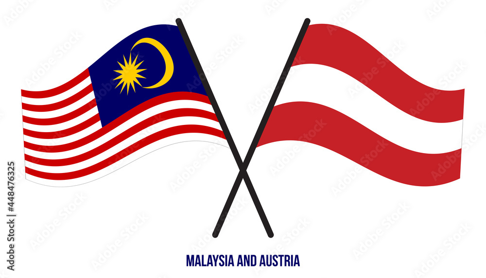 Malaysia and Austria Flags Crossed And Waving Flat Style. Official Proportion. Correct Colors.
