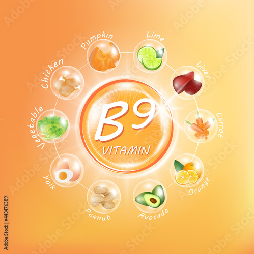 Vitamin B9. Medicine capsule, Orange substance. Fruits and vegetables that neutralize free radicals. With chemical formula. Anti aging beauty enhancement concept and health care. 3D vector EPS10.