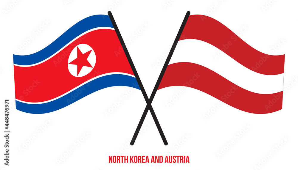 North Korea and Austria Flags Crossed And Waving Flat Style. Official Proportion. Correct Colors.