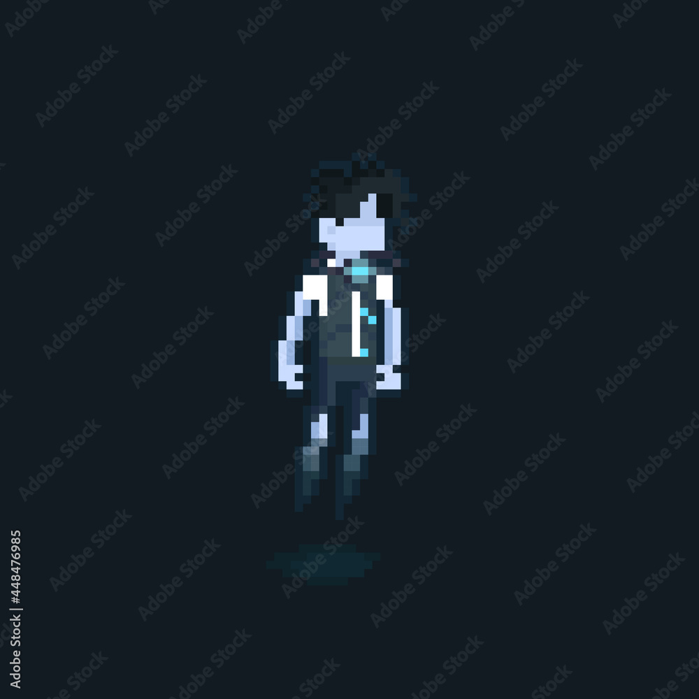 Pixel art ghost character with controller collar.