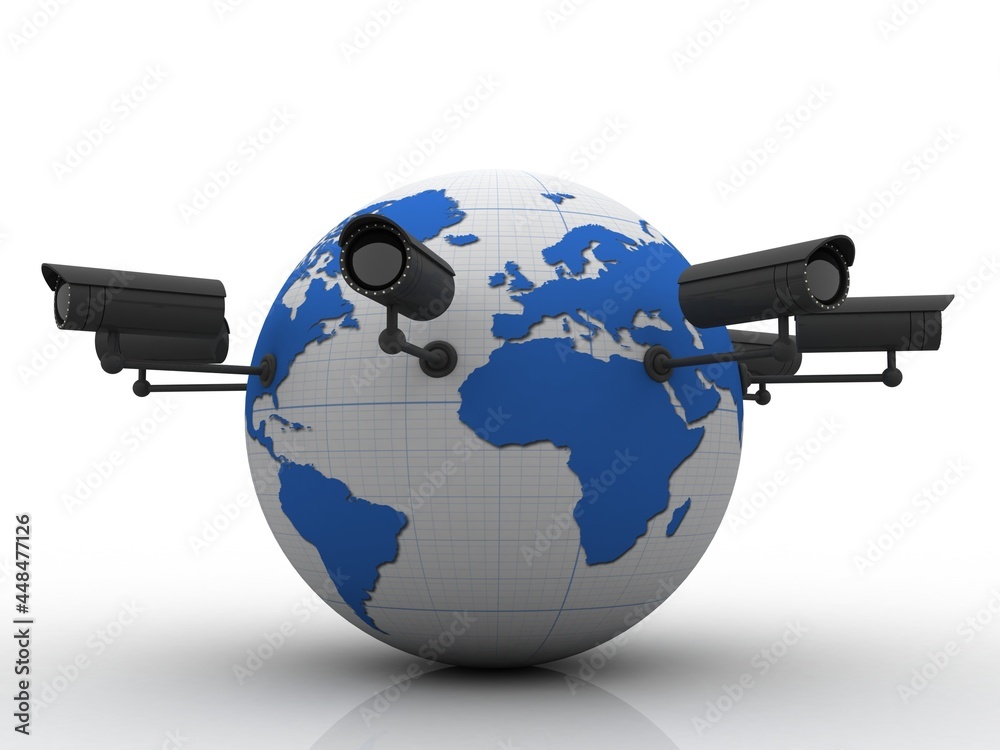 Fototapeta premium 3d rendering Surveillance CCTV Security Camera connected globe 