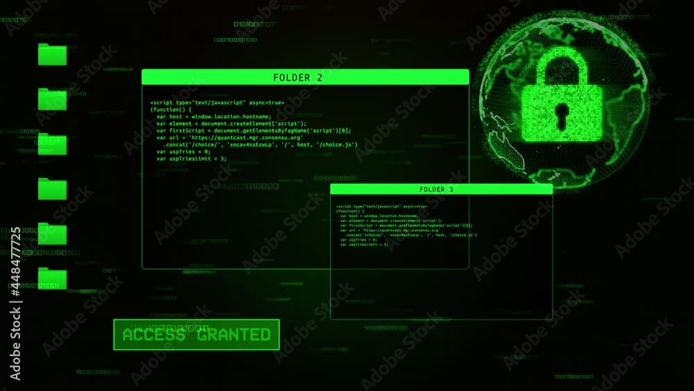 System login Animation of entering password on computer screen with access Granted message on screen, . Program interface with access granted. Cyber attack and crime