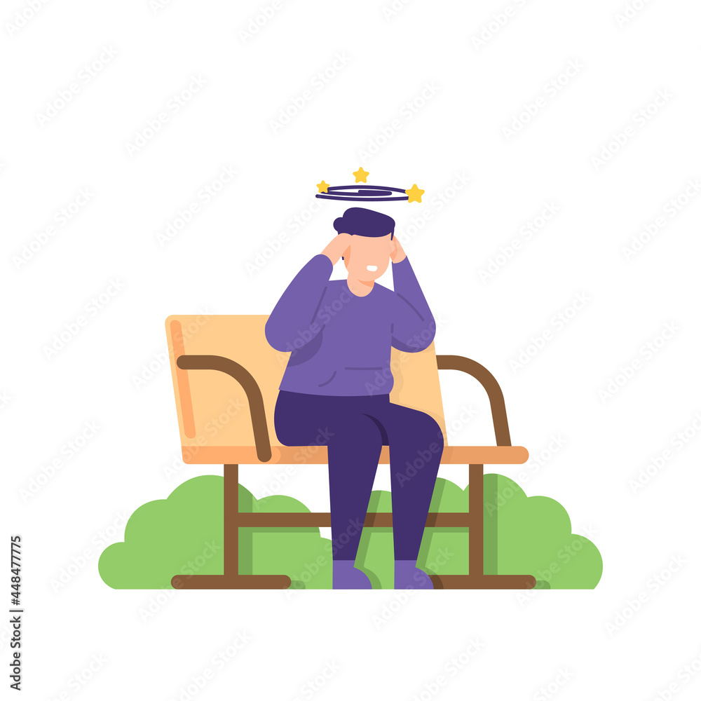 illustration of a man sitting on a park bench and experiencing dizziness. suffer from migraines, headaches, many thoughts and problems. mental health. flat cartoon style. vector element design illustration of a man sitting on a park bench and experiencing dizziness. suffer from migraines, headaches, many thoughts and problems. mental health. flat cartoon style. vector element design