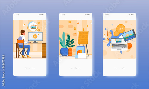 Woman artist creating NFT art. Blockchain non-fungible token. Mobile app screens, vector website banner, web site design