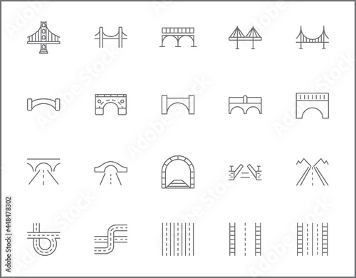 Set of bridge and road line style. It contains such as street, way, path, track, route, navigation, tunnel, transport and other elements.