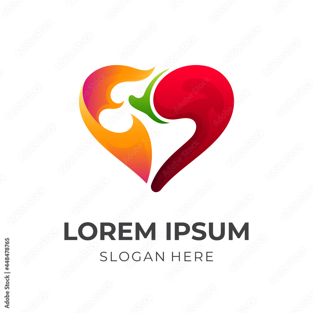 love spicy logo concept, love , fire and chili, combination logo with 3d colorful style