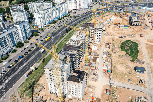 construction of new apartment houses in the residential district. aerial panoramic view.