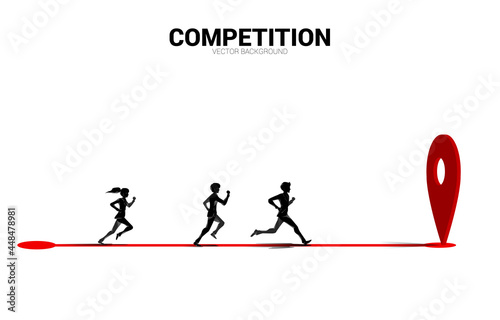 Businessman and businesswoman run to 3D location pin markers . Concept for Location and business direction.