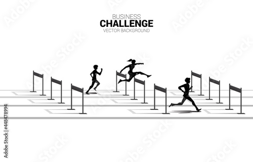 Silhouette businessman and businesswoman jumping across hurdles obstacle race. Background concept for competition and challenge in business