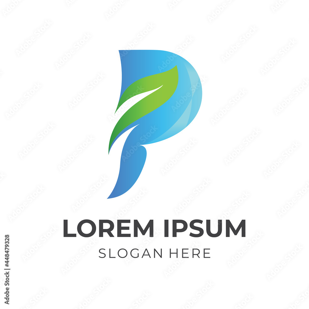 letter P and leaf logo concept with 3d blue and green color style letter P and leaf logo concept with 3d blue and green color style