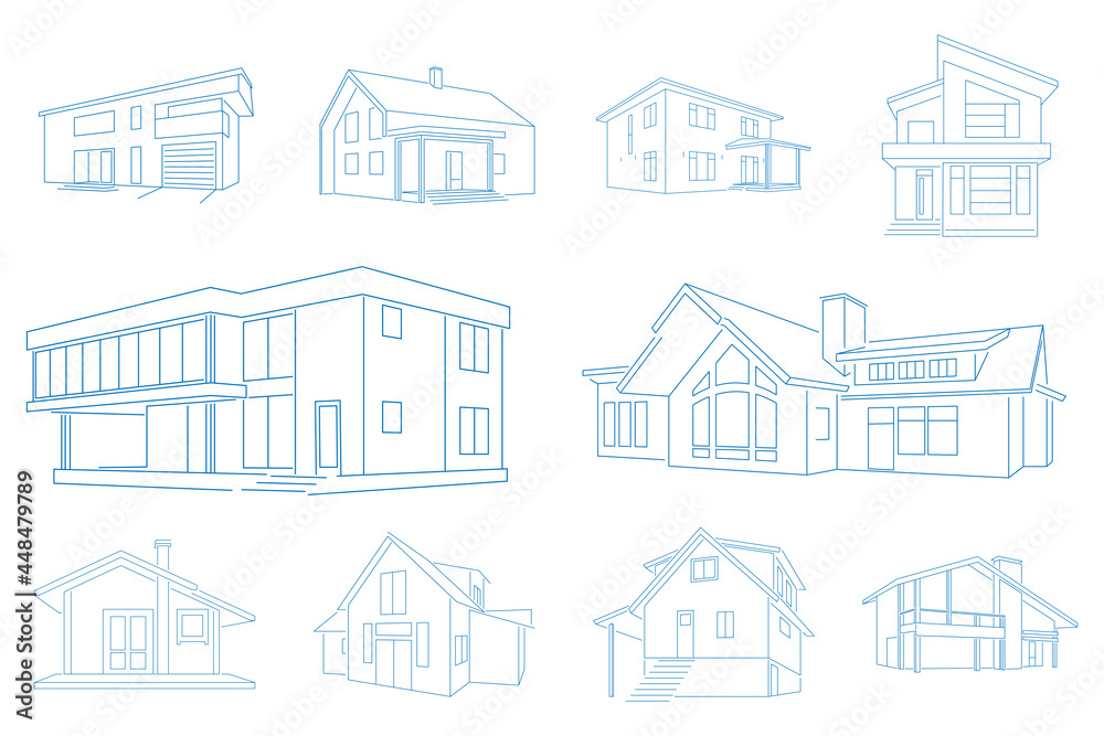 Set of houses drawn by line. Vector image.