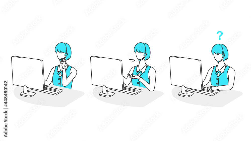 Three gestures of a female customer service operator wearing a headset. Three gestures of a female customer service operator wearing a headset.