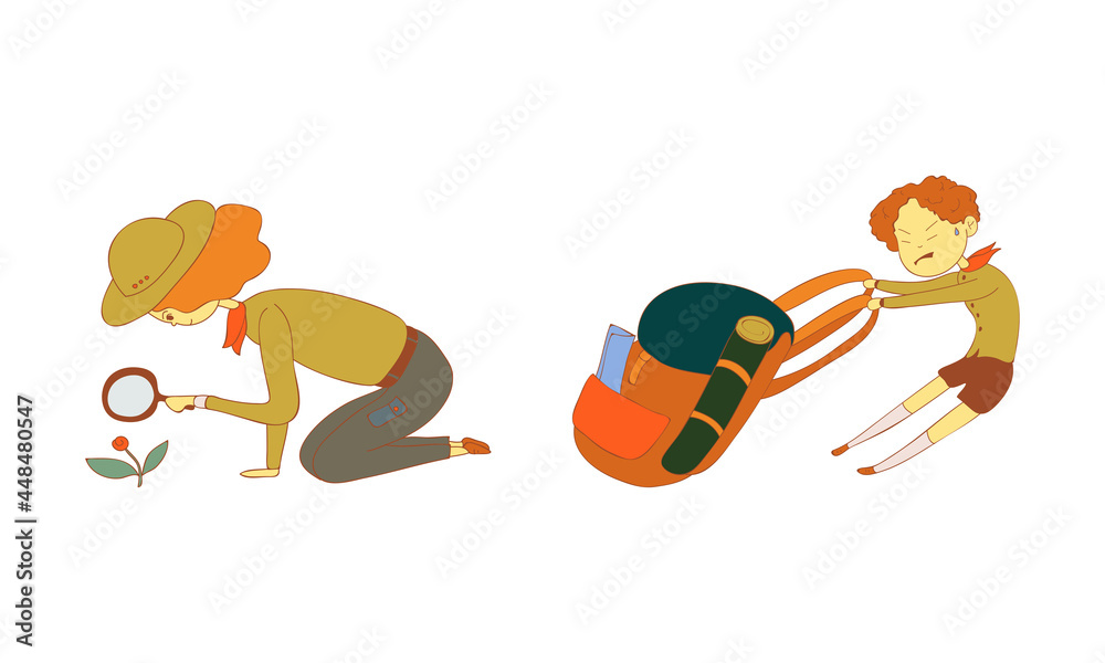 Cute Boy and Girl Junior Scout Pulling Heavy Backpack and Watching Flower Through Magnifying Glass Vector Set Cute Boy and Girl Junior Scout Pulling Heavy Backpack and Watching Flower Through Magnifying Glass Vector Set