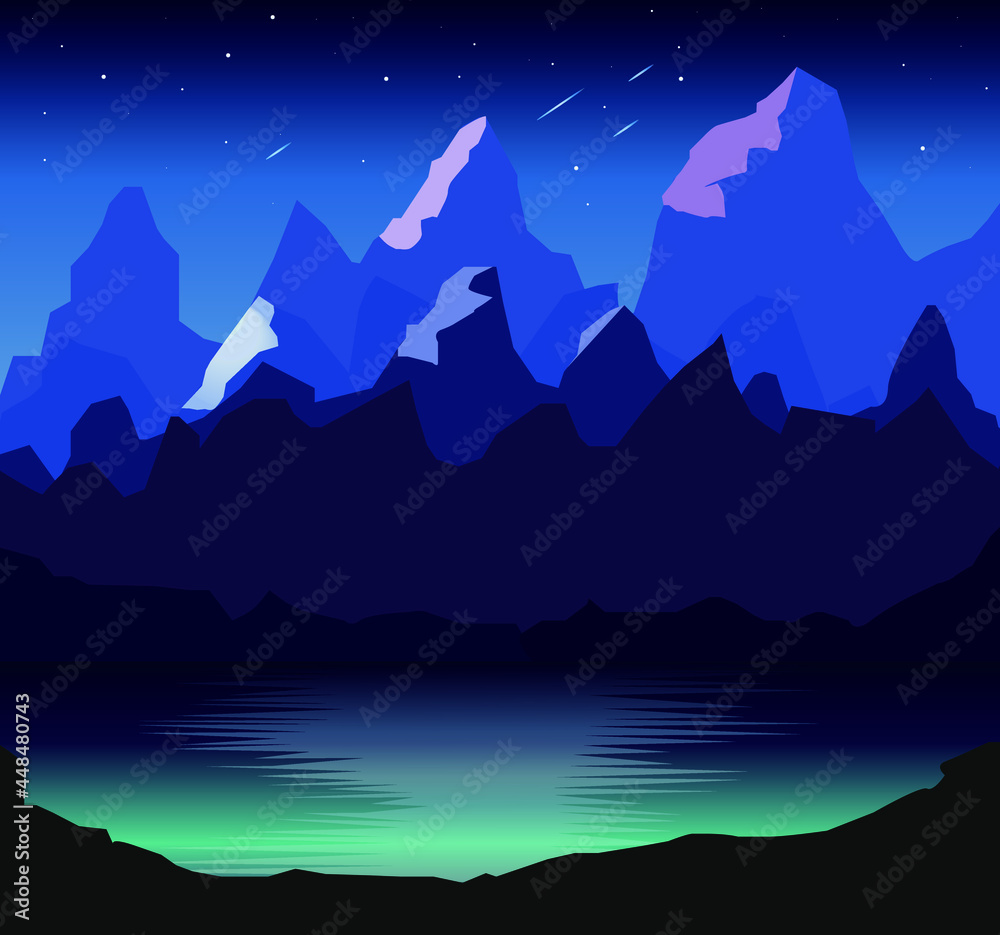 Nature scene with mountain, lake, starry night sky, Landscape