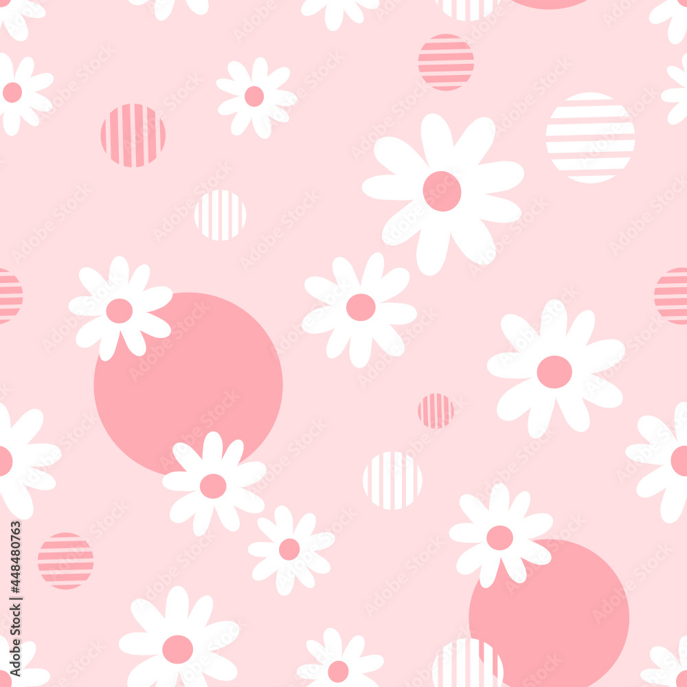 Seamless pattern with daisy flower on pink background vector illustration. Cute floral print.