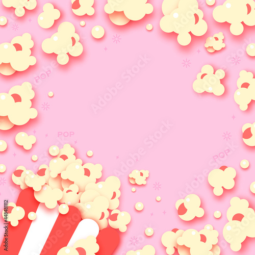 Paper striped bucket. Cup with tasty popcorn paper cut style. Pink Background. Space for text