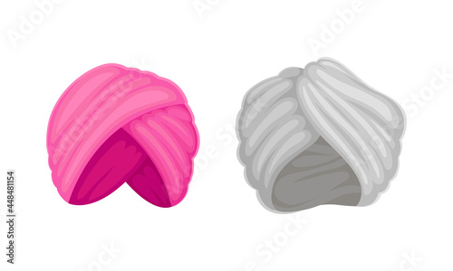 Indian and Arabic Turban as Traditional Headwear of Cloth Winding Vector Set