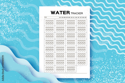 Water Tracker. Water Balance Calendar. Water Monthly Tracker. 31 days. Hydration Challenge. Blue background.