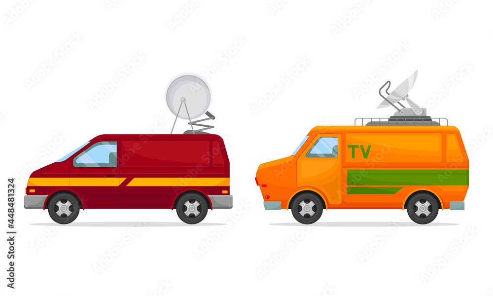 Broadcasting Cars with Satellite Dish on the Roof Vector Set